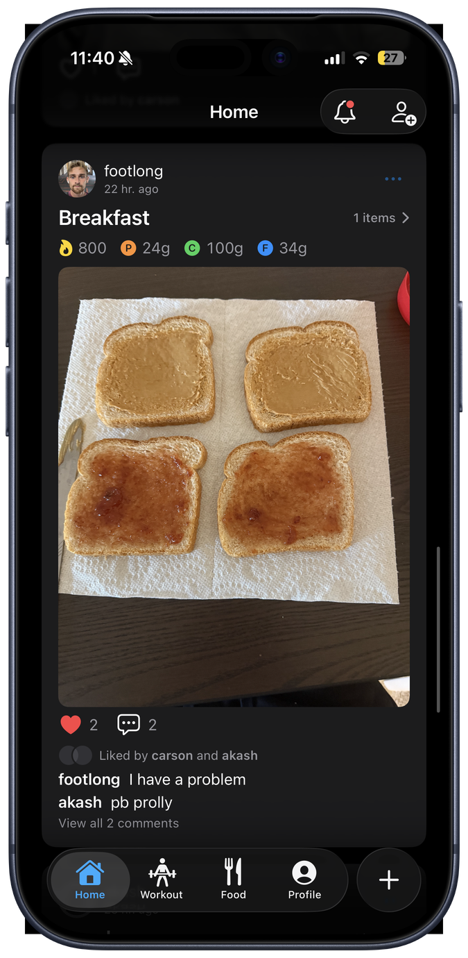 the strevel home feed: a friend's breakfast post with a photo, macros, likes and comments