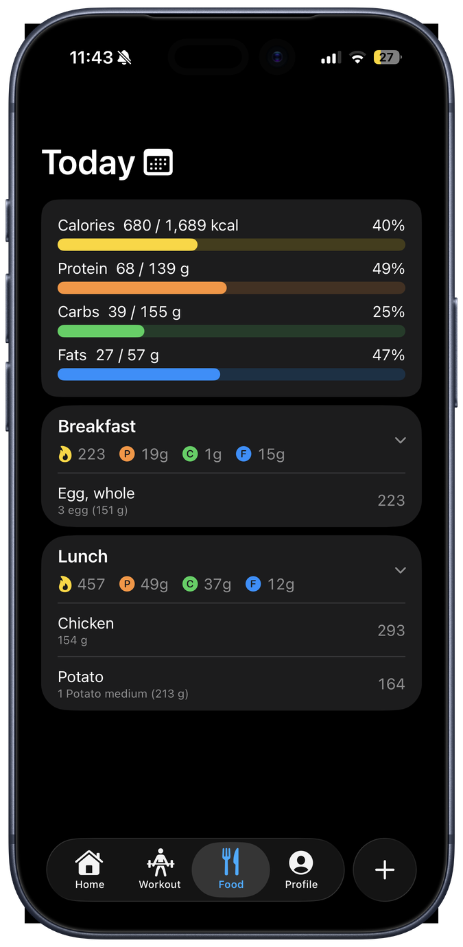 the strevel food diary: today's calories, protein, carbs and fats against targets, with breakfast and lunch logged